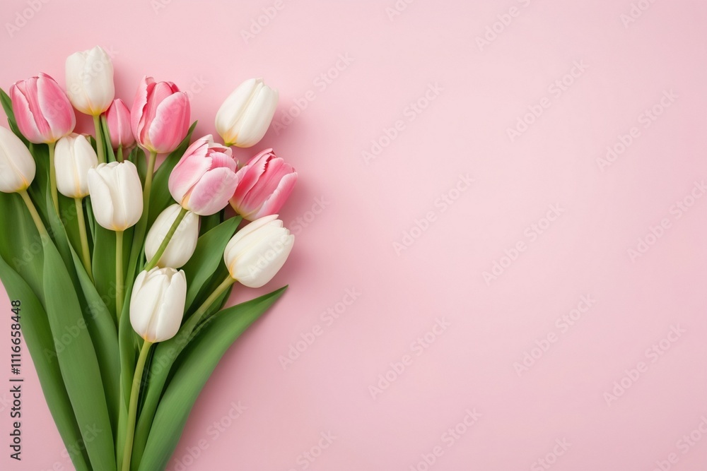 Copyspace and tulips in a bouquet on a pink backdrop Copyspace and tulips in a bouquet on a pink backdrop