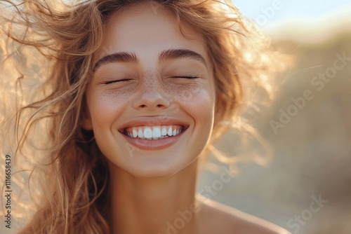 Woman laughing with her eyes closed, wind blowing her hair: A woman mid-laugh, with the wind blowing her hair in playful disarray. Her eyes are closed in pure joy, as if she's caught in a carefree mom