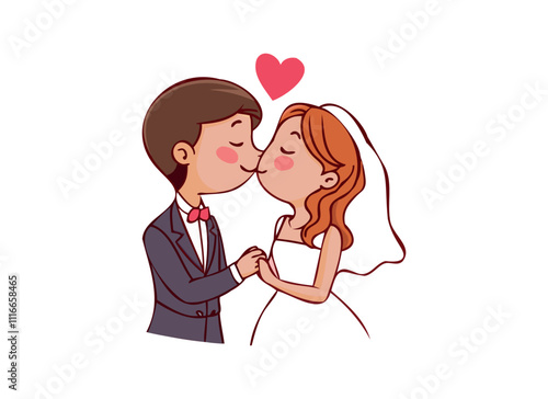 Romantic Cartoon Wedding Couple Illustration with Love Heart