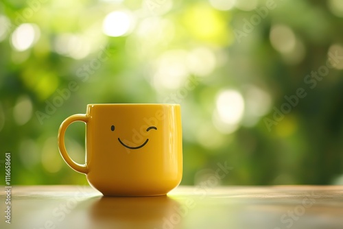 Smiling cup of coffee on blurred green background