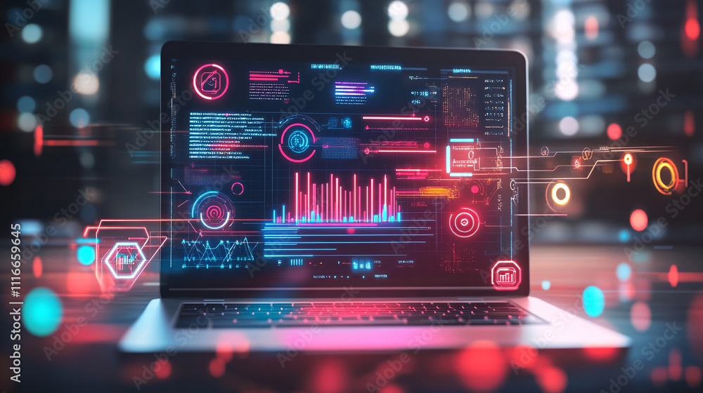 Obraz premium A stylized laptop icon with data waves flowing through the screen, surrounded by glowing icons for online business, marketing tools, and analytics. 