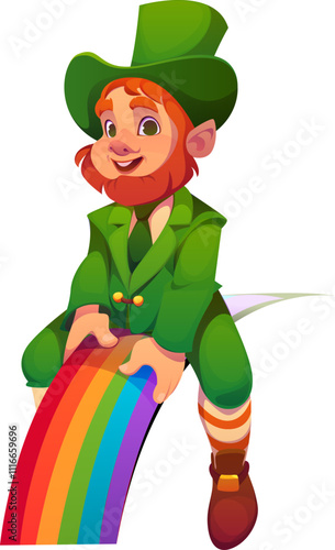 Irish leprechaun cartoon character riding rainbow for St Patrick day holiday, vector personage. Saint Patrick Day or Ireland holiday funny happy cartoon leprechaun man character sitting on rainbow