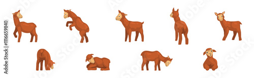 Little Brown Lamb Animal with Hoof Vector Set