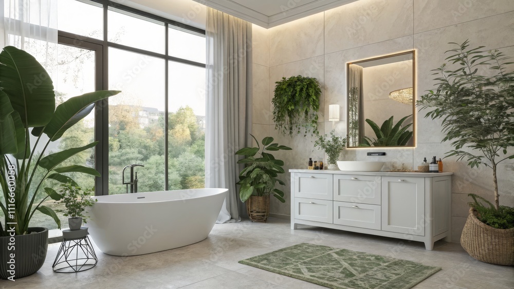 Fototapeta premium Serene Jungle Bathroom Freestanding Tub, Lush Greenery, Modern Vanity