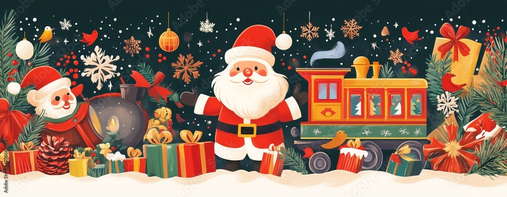 Fototapeta premium Christmas decorative banner with funny Santa Claus, nutcracker, locomotive and gift boxes and many others