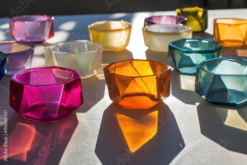 An array of geometrically shaped resin bangles, each casting a unique shadow on a sunlit table.