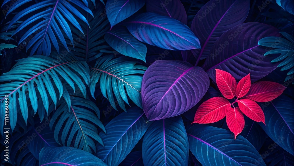 Fototapeta premium Neon Tropical Leaf Composition Blue, Purple, Red Foliage Contrast