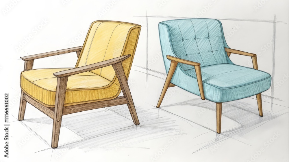 Fototapeta premium Mid-Century Modern Armchair Design Colored Pencil Rendering, Two-Chair Composition
