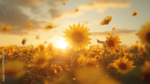 Sunflowers in a Field at Sunset with Floating Petals photo