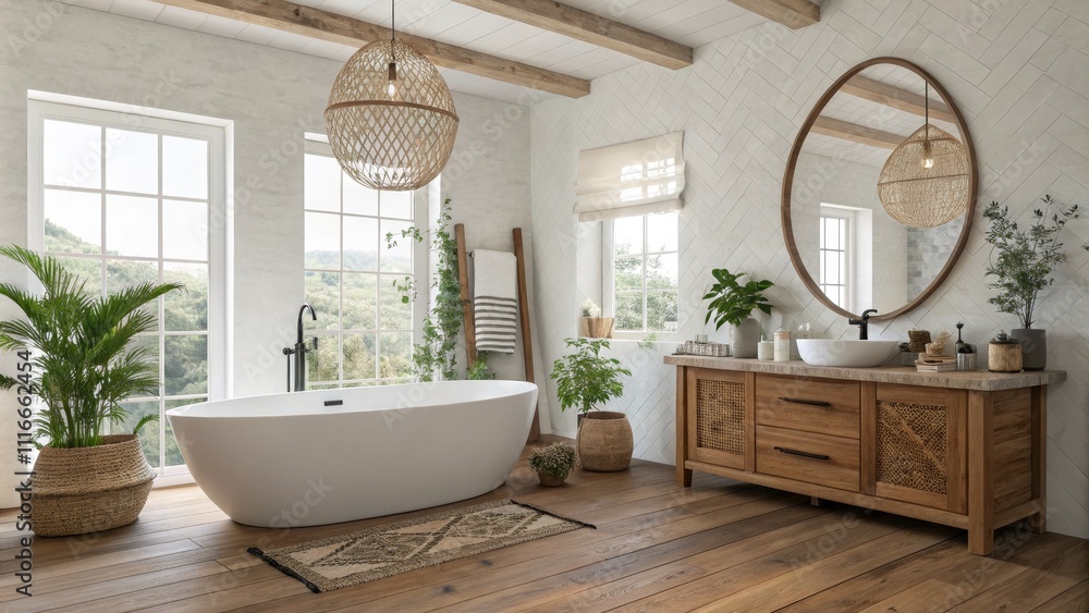Fototapeta premium Bohemian Bathroom Freestanding Tub, Herringbone Tile, Natural Light