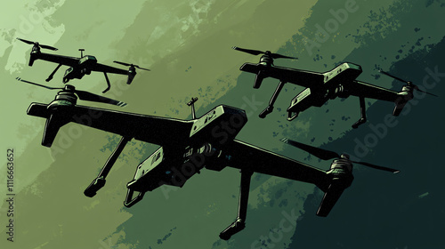 Fleet of Drones Flying in Formation Against a Moody Green Sky, Highlighting Futuristic Technology, Surveillance, and Aerial Precision photo