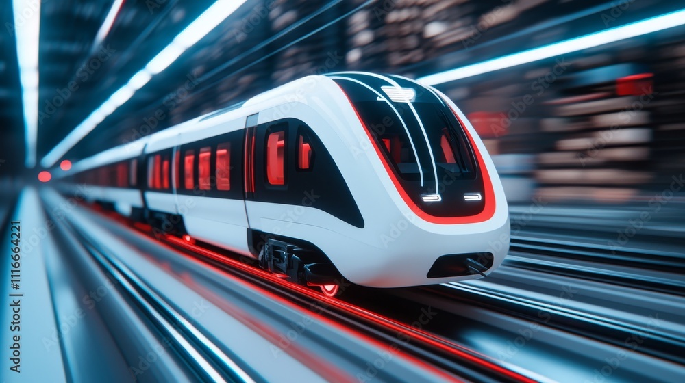 Fototapeta premium The future's sleek, autonomous electric vehicle, designed for rapid transit on high-speed railways, embodies the high-tech digital transport concept.