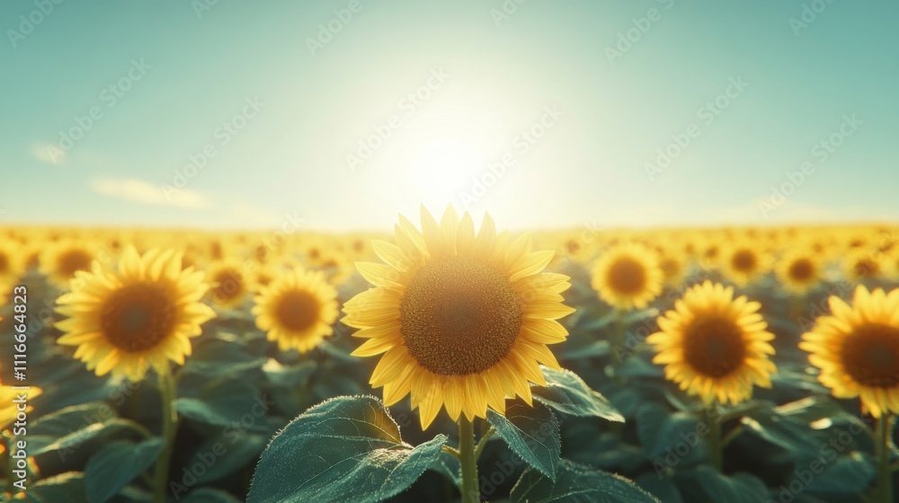 Fototapeta premium A Single Sunflower in a Field of Sunflowers at Sunset