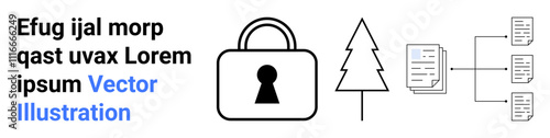 Padlock represents security, tree for growth, diagram for data management and organization. Ideal for cybersecurity, environmental protection, data handling, privacy, organizational structure, growth