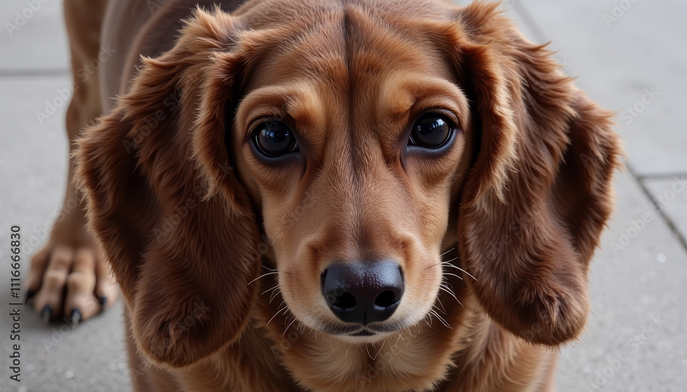 Obraz premium Playful brown dachshund with expressive eyes eagerly waiting for treats outdoors in a sunny park