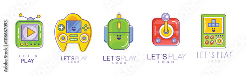 Lets Play Logo Design with Colorful Gaming Element Vector Set