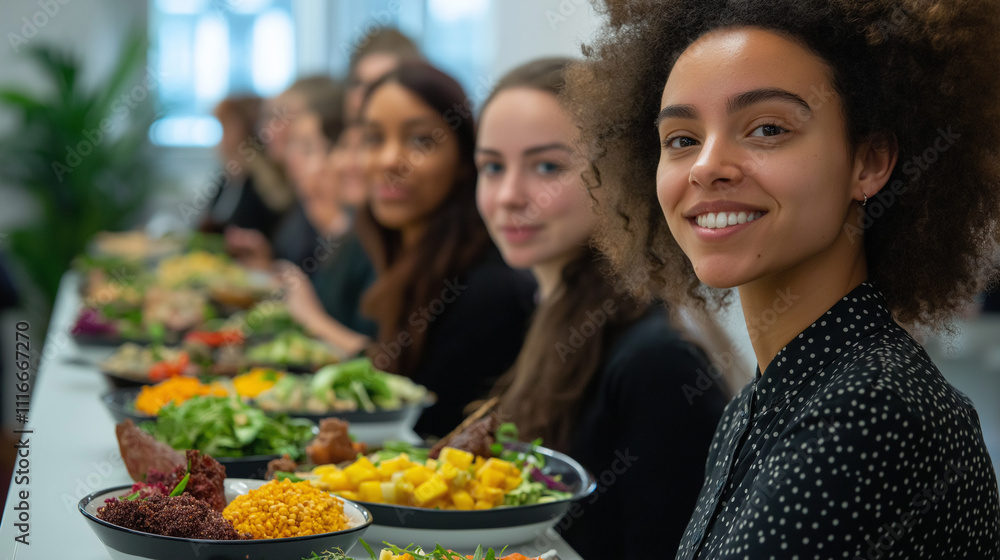 Fototapeta premium A group of diverse coworkers enjoying a plant-based lunch at a long table filled with colorful salads and dishes