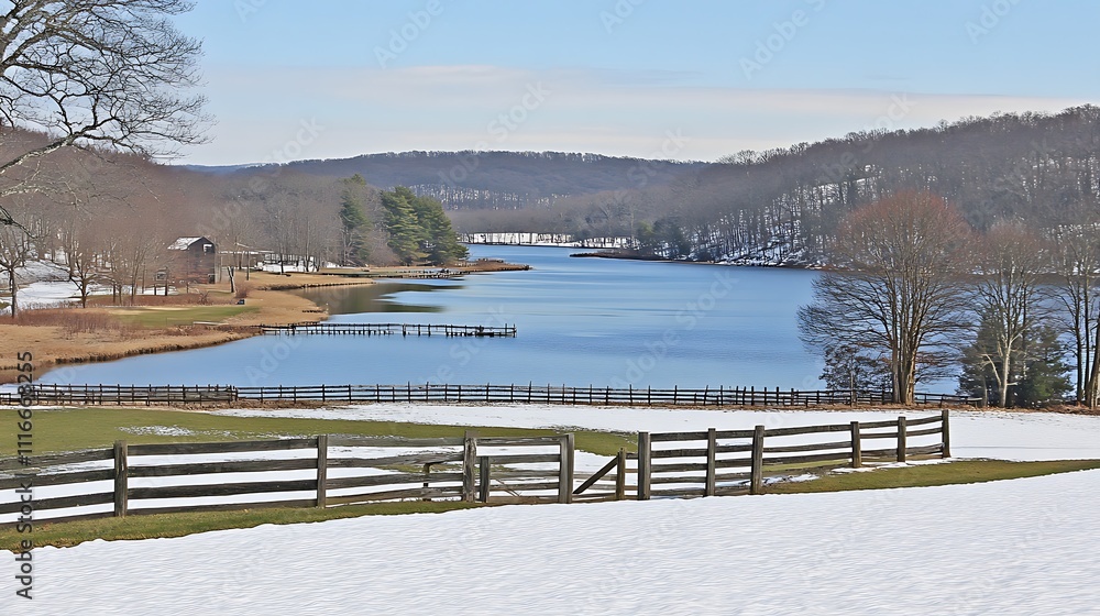 Winter Lakeside Scene with Wooden Fence and Bare Trees Winter Lakeside Scene with Wooden Fence and Bare Trees