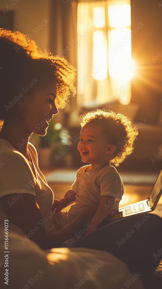 A happy, smiling brunette mother is playing with her child while working on her laptop at home, illuminated by backlighting in the living room