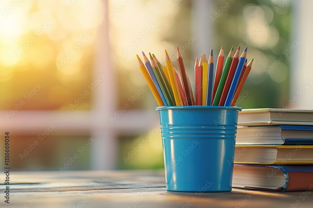 Wooden colorful rainbow pencils in bucket on wooden table Wooden colorful rainbow pencils in bucket on wooden table