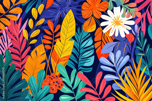 Colorful tropical jungle flowers and plants background illustration