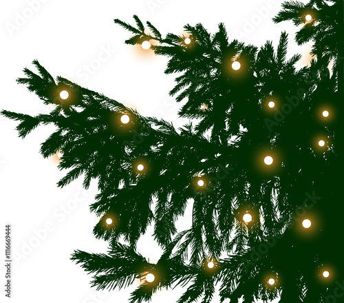 Christmas tree branches with glowing light bulbs garland