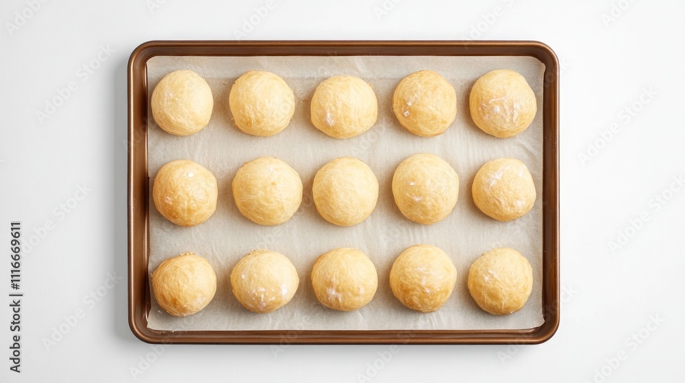 Baked golden-brown bread rolls on a baking sheet. Baked golden-brown bread rolls on a baking sheet.