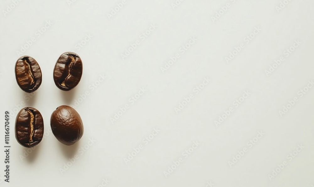 Coffee beans arrangement on white background. Four coffee beans, varying sizes, dark brown color, smooth texture, minimalistic composition. Coffee beans arrangement on white background. Four coffee beans, varying sizes, dark brown color, smooth texture, minimalistic composition.