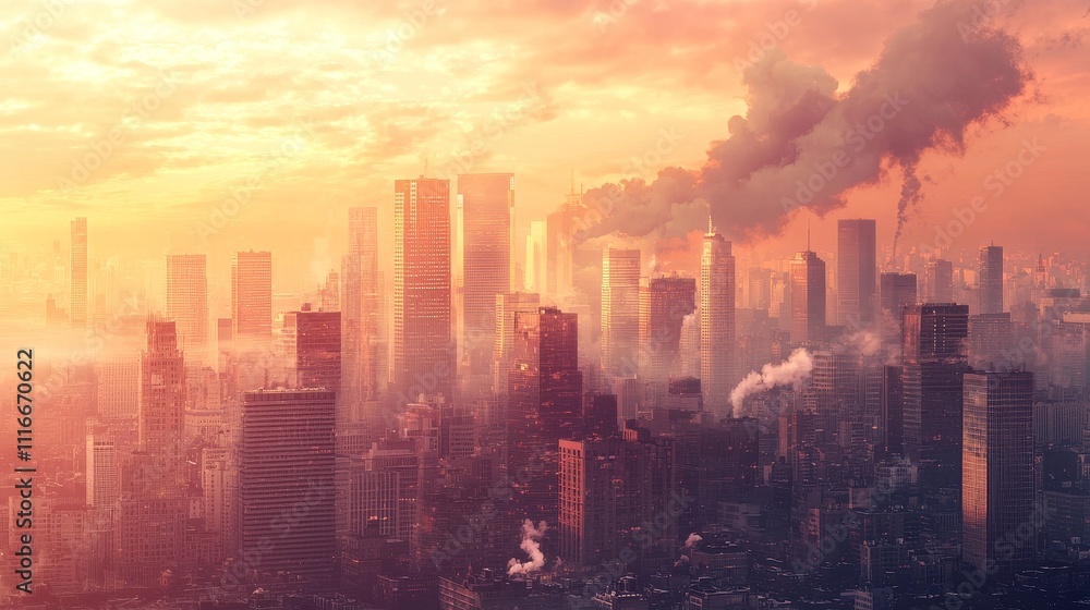 Fototapeta premium Dramatic urban sunset over skyscrapers metropolis cityscape aerial view industrial environment visual serenity