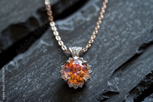 Necklace with a sparkling orange spessartine and diamond pendant on a dark grey background. photo