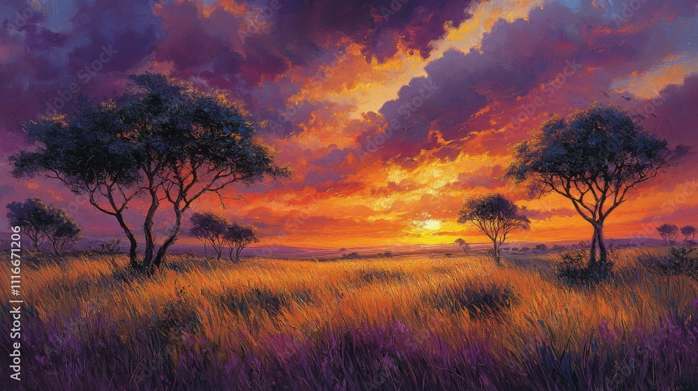 Fototapeta premium Sunset Landscape with Silhouetted Trees and Grassy Field