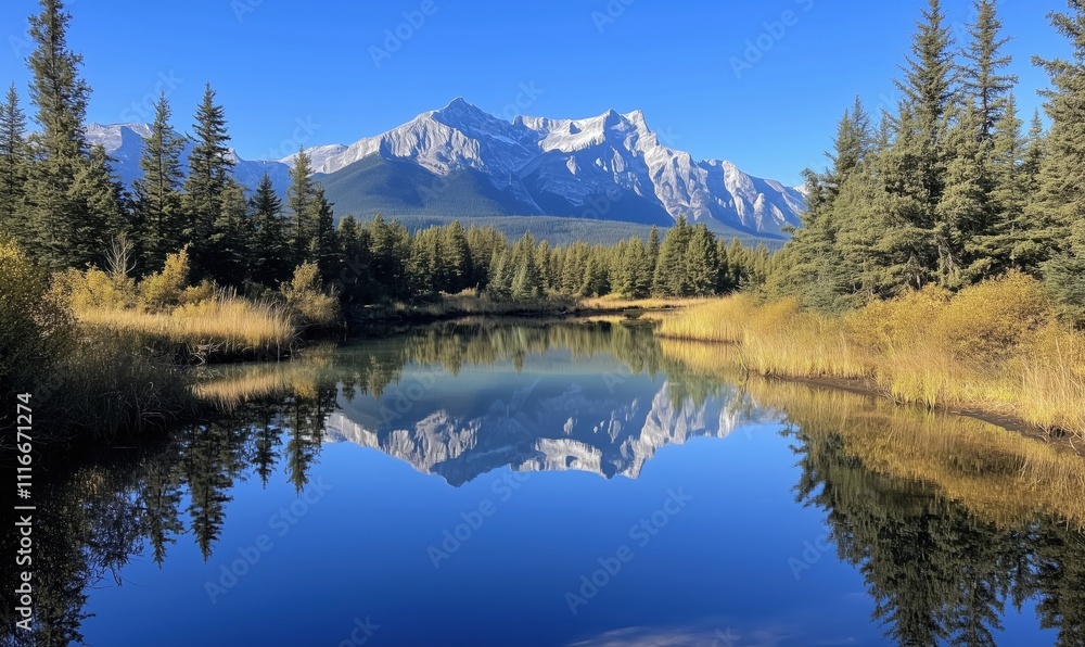 Mountain reflection in serene lake, clear blue sky, lush greenery, autumn colors, tranquil landscape Mountain reflection in serene lake, clear blue sky, lush greenery, autumn colors, tranquil landscape