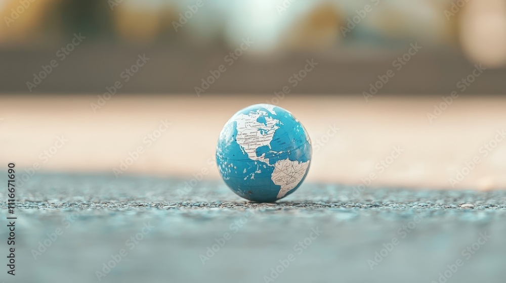 Rolling earth globe on street urban setting close-up view symbolizing global awareness and connectivity Rolling earth globe on street urban setting close-up view symbolizing global awareness and connectivity