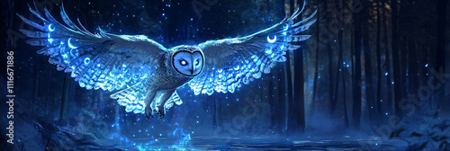 An owl with radiant bioluminescent moon phases tattooed along its wings, glowing in deep indigo and silver, gliding silently over a starlit forest lake.  photo