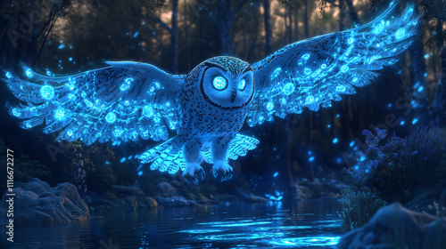 An owl with radiant bioluminescent moon phases tattooed along its wings, glowing in deep indigo and silver, gliding silently over a starlit forest lake.  photo