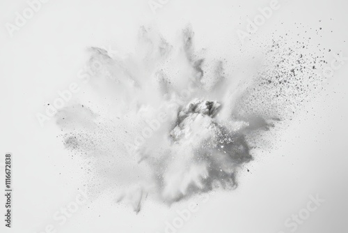 White powder explosion captured in mid-air creating a cloud of dust on a white background