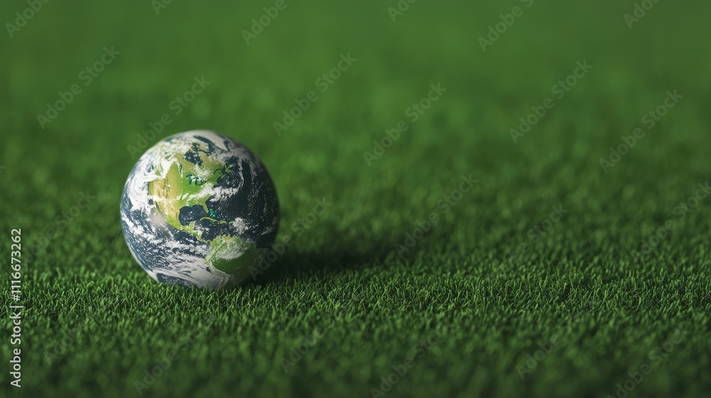 Naklejka premium Global awareness event earth on grass nature concept outdoor setting close-up view sustainability focus