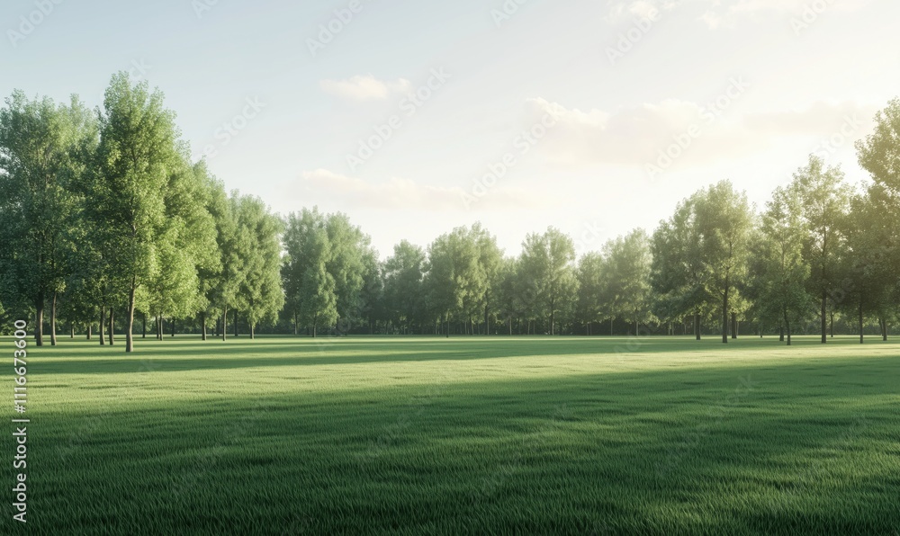 Lush green landscape with trees and grass, serene atmosphere, soft sunlight, clear sky, expansive field Lush green landscape with trees and grass, serene atmosphere, soft sunlight, clear sky, expansive field