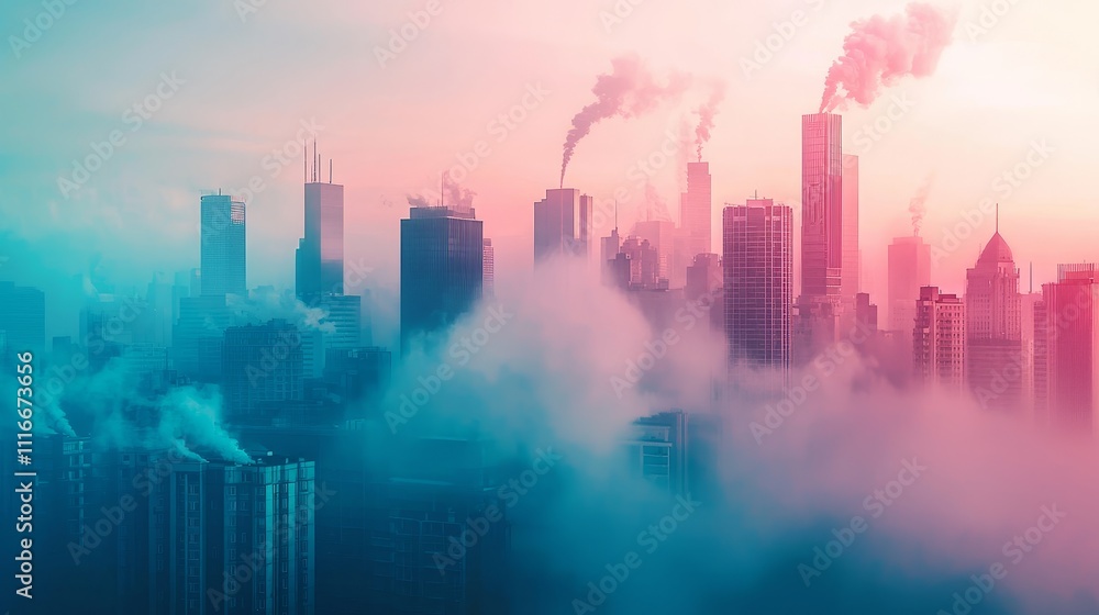 Fototapeta premium Urban pollution crisis cityscape views environmental impact atmospheric conditions aerial perspective