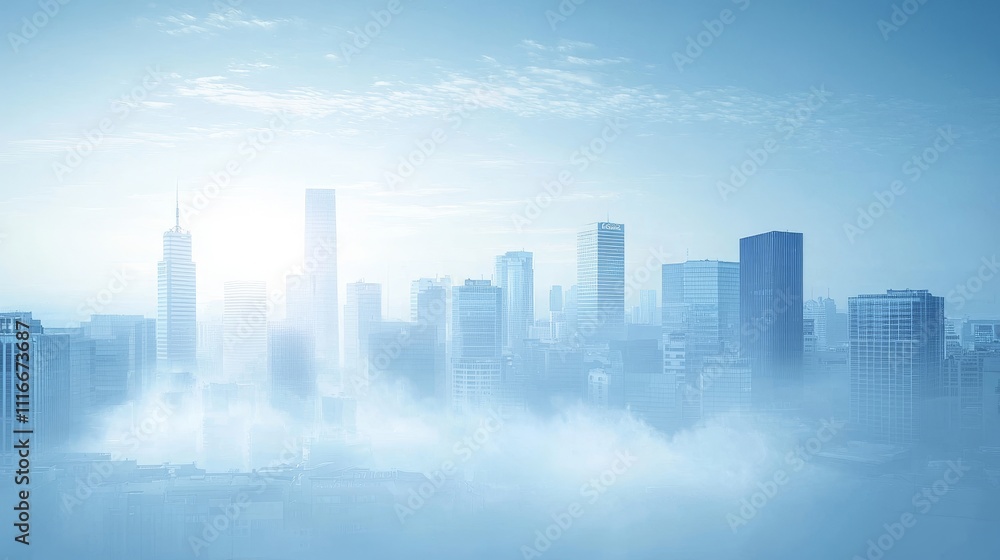 Fototapeta premium Foggy skyline view of modern cityscape urban landscape atmospheric conditions daytime photography for seo impact
