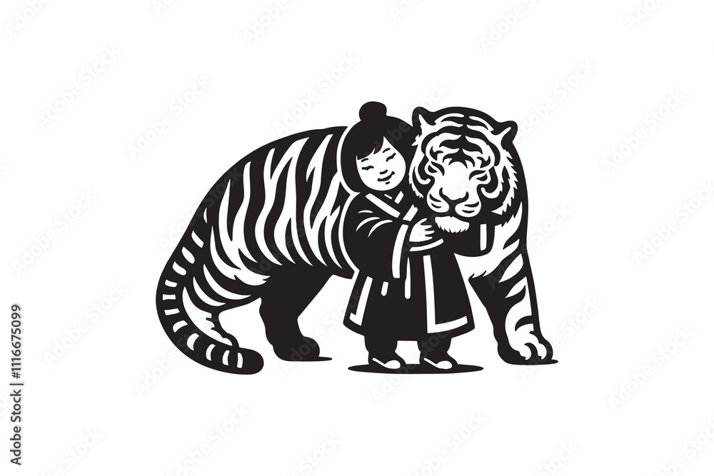 Fototapeta premium A little girl hugs a big tiger. Black and white ink hand drawn vector illustration. Emblem, logo