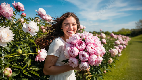 Fototapeta Naklejka Na Ścianę i Meble -  beautiful happy young woman with bouquet of peony flowers in field, summer, sunny day