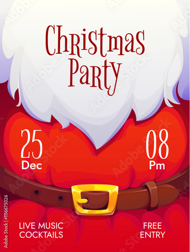 Santa beard Christmas flyer or holiday poster card for party event, vector background. Christmas party invitation poster or entry flyer with Santa beard and belt with golden buckle for celebration