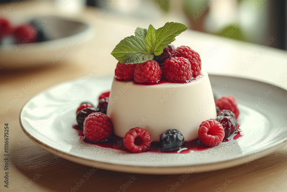 A minimalistic dessert featuring a creamy panna cotta topped with fresh raspberries and mint leaves on a white plate A minimalistic dessert featuring a creamy panna cotta topped with fresh raspberries and mint leaves on a white plate