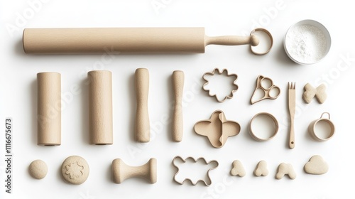 Flat lay of beige clay rolling pin, cutters, and tools on white background.