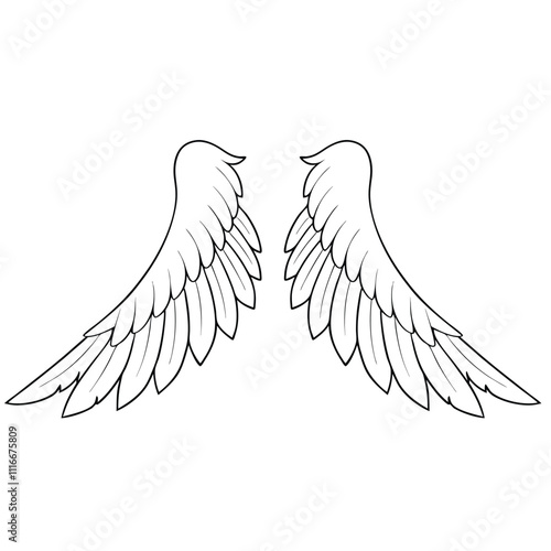 Angel wings line art illustration black and white isolated on white background, spiritual symbol