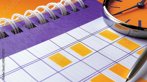 Colorful planner and clock on a desk showing time management and organization for daily tasks and activities