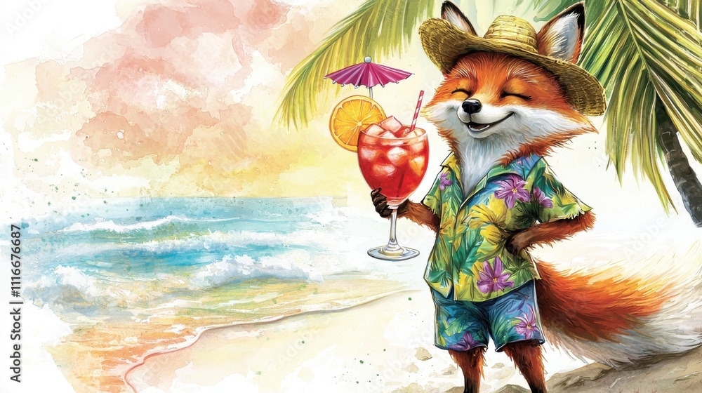 Naklejka premium Fox wearing a straw hat and floral shirt enjoys a tropical drink on the beach at sunset
