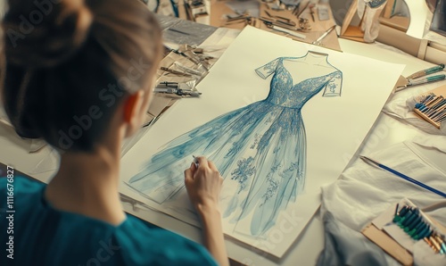 Fashion design sketching dress, artist creating detailed illustration, workspace filled with tools and materials photo