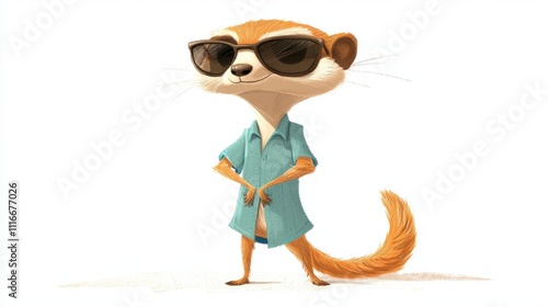 Cool anthropomorphic meerkat wearing sunglasses and a shirt stands confidently against a plain background photo